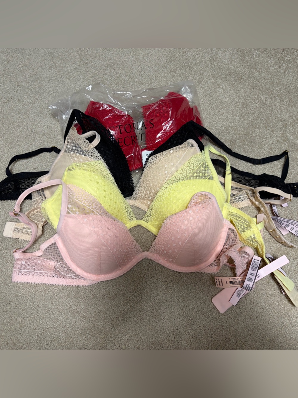 Victoria secret Pink Yellow nude red black lace Bras 34C low cut plunge u wire